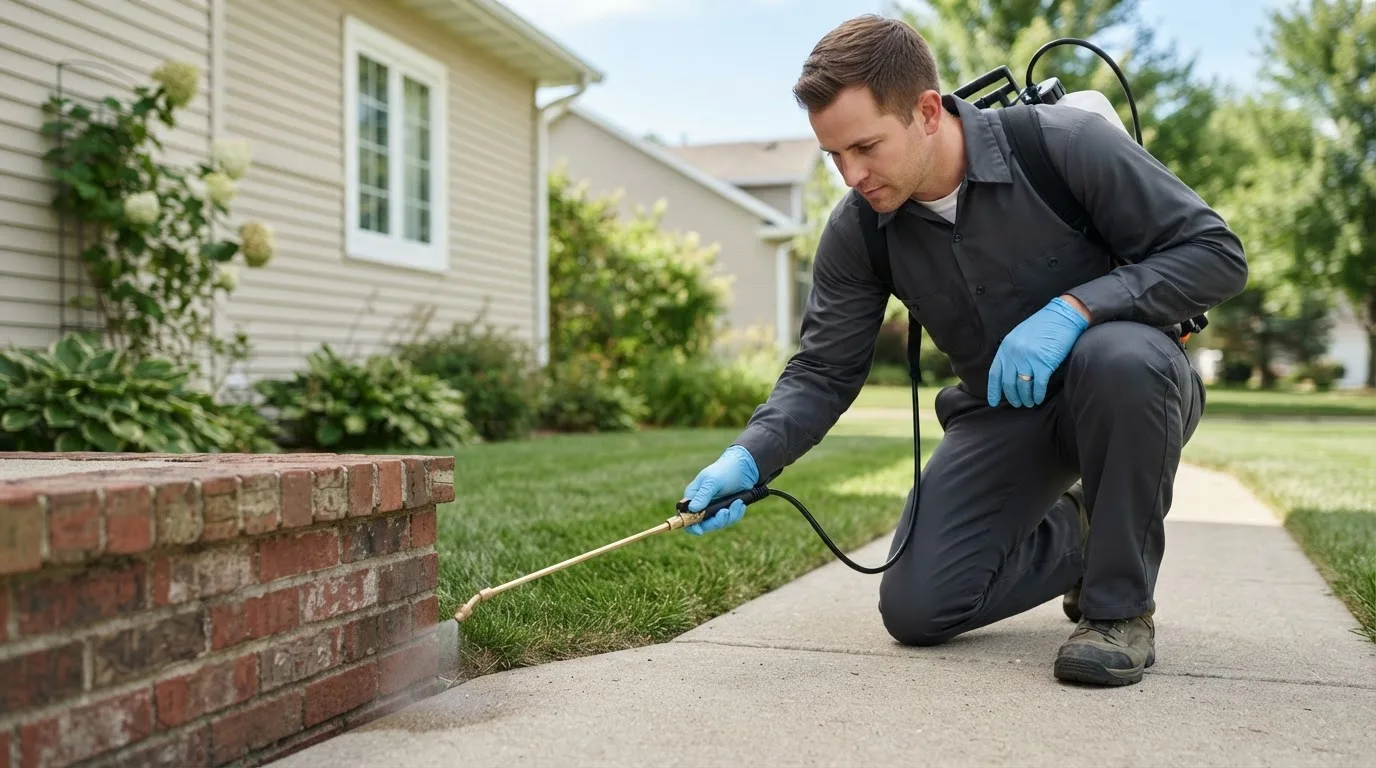Pest control technician treating a home near Mundelein, IL